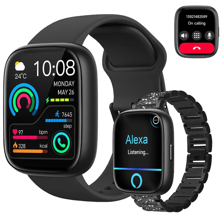 Smartwatch Relógio Inteligente, Tela HD de 1,83" Relógio Fitness com Alexa, 120 Esportes, Frequência Cardíaca e Monitoramento do Sono, IP68 à rova d'água, Compatível com Android iOS, 2 Pulseiras Preto