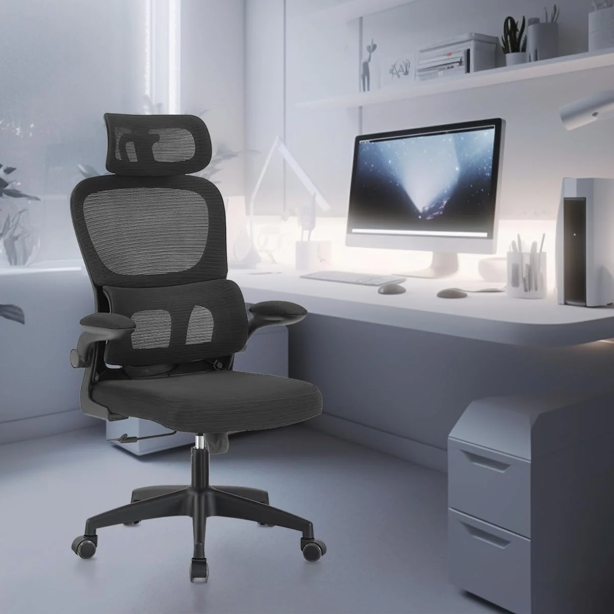 Cadeira de escritório, design ergonômico com suporte lombar independente, malha respirável e encosto de cabeça ajustável (Preto)