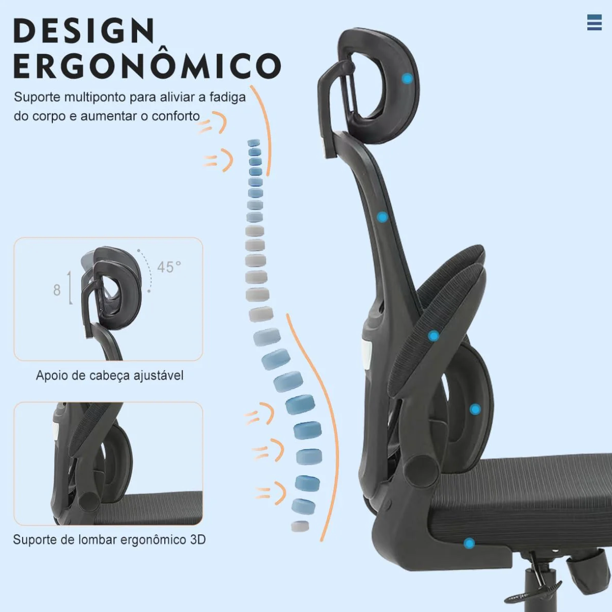 Cadeira de escritório, design ergonômico com suporte lombar independente, malha respirável e encosto de cabeça ajustável (Preto)