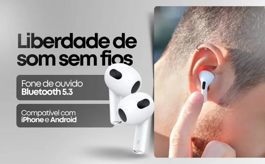 Fone De Ouvido Sem Fio Bluetooth 5.3 Compatível iPhone Android Com Microfone e Redução de Ruído Wireless Academia Corrida Musicas Graves Potentes Controle Touch,À Prova D'água HiFi Branco