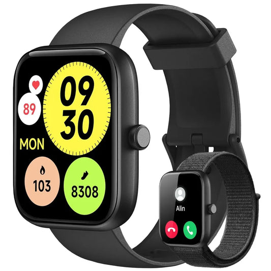 Smartwatch Relógio Inteligente, Tela HD de 1,83" Relógio Fitness com Alexa, 120 Esportes, Frequência Cardíaca e Monitoramento do Sono, IP68 à rova d'água, Compatível com Android iOS, 2 Pulseiras Preto